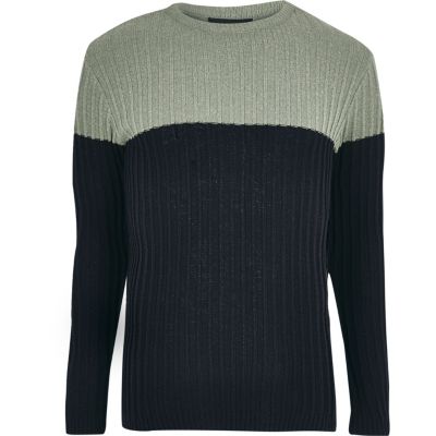 Light green ribbed knit colour block jumper